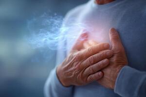 A man places his hands gently over his chest, signifying deep emotions or possible discomfort. The soft blue background creates a serene but introspective atmosphere, enhancing the moments gravity. photo