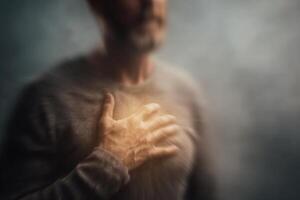 A man stands in a soft mist, placing his hand on his chest as he seems to engage in introspective thought. The muted tones and blurred background create a sense of calm and reflection. photo