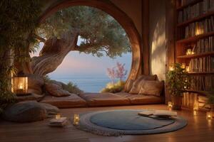 A serene reading nook features soft cushions and a round window framing a picturesque ocean view. Warm candlelight adds a relaxing ambiance as the sun sets, highlighting the natural decor. photo