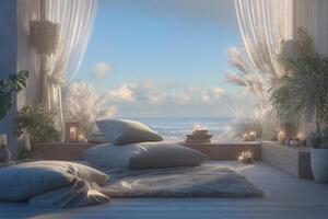 A tranquil indoor space features soft pillows and candles, with sheer curtains framing a stunning ocean view. The calming ambiance is perfect for relaxation and reflection. photo
