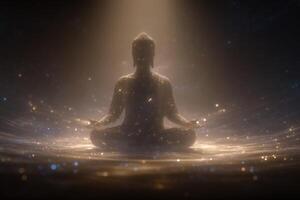 A serene meditative figure sits cross-legged, enveloped in a soft, glowing light and surrounded by shimmering particles. The atmosphere conveys peace and tranquility. photo