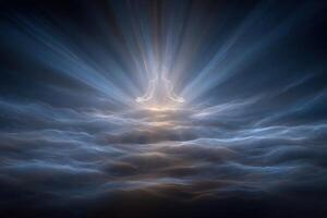 A luminous figure meditates in a serene pose above soft, swirling clouds. Dawn light illuminates the scene, creating a tranquil and mystical atmosphere. photo