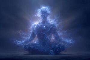 A glowing, abstract figure sits cross-legged in deep meditation, surrounded by swirling lights and wispy forms. The background is dark, highlighting the figures ethereal energy and tranquility. photo