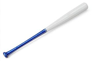 A baseball bat lies on a flat surface, showcasing a smooth blue and white design. The bat is shaped traditionally, perfect for sporting activities and practice sessions. photo