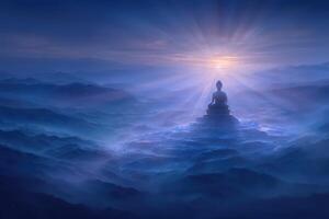 A Buddha statue sits atop a mountain surrounded by rolling fog, illuminated by soft sunlight breaking through clouds. The tranquil atmosphere evokes peace and meditation in nature. photo