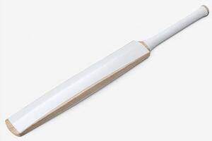A cricket bat with a smooth white face and natural wood grain, featuring a textured grip. The bat is positioned horizontally against a plain background, highlighting its elegant design. photo