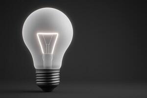 A futuristic light bulb stands in a dim environment, showcasing its sleek design. The filament glows softly, creating a striking visual contrast against the dark backdrop. photo