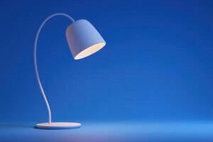 A stylish desk lamp stands on a smooth surface, casting a warm glow. The sleek design features a curved neck and a minimalist shade, creating a calming atmosphere in a blue-toned environment. photo