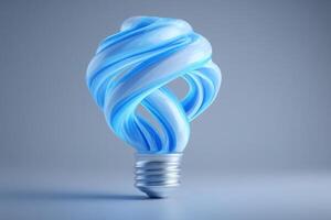 A unique light bulb design featuring a twisted, swirling pattern in blue and white. The bulb is set against a simple gray background, highlighting its artistic form and color contrast. photo