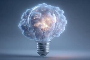 A light bulb designed to resemble a brain emanates a soft, bright glow against a muted background. The fusion of creativity and technology symbolizes innovative ideas and inspiration. photo