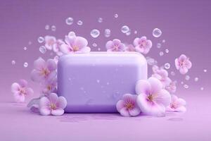 A lavender soap bar rests at the center, embraced by soft pink blooms and sparkling water droplets. The background is a gentle purple, enhancing the serene atmosphere of the composition. photo