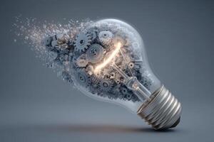 A light bulb is filled with intricate gears, representing the fusion of ideas and machinery. photo