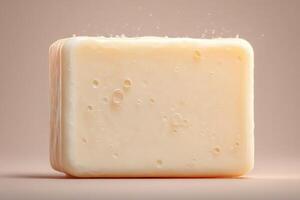 A creamy block of soap is displayed on a gentle surface, with soft bubbles emerging from the top, creating a fresh and inviting appearance. The background is a warm muted color. photo