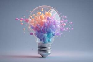 A light bulb appears to burst with vibrant colors as pink, blue, and orange paint splashes outward. The background is simple, allowing the dynamic colors to stand out prominently. photo