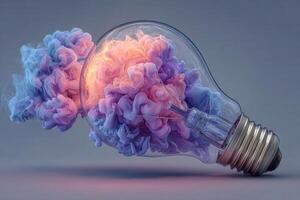 A light bulb emits vibrant purple and pink smoke that swirls around it, creating an eye-catching visual effect. This artistic display captures imagination and creativity. photo
