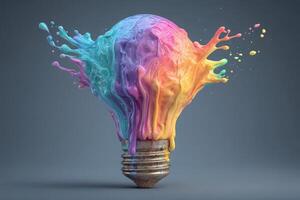 A light bulb bursts with a vibrant splash of multicolored paint, symbolizing creativity and inspiration. The paint flows outward in a dynamic display, set against a dark background. photo
