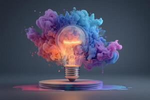 A glowing light bulb floats above a circular base, surrounded by a vibrant explosion of colorful smoke. The effect is mesmerizing and captures a sense of creativity and inspiration. photo