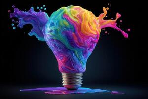 A light bulb is surrounded by a dynamic explosion of colorful paint splashes, showcasing vivid swirls of blue, pink, yellow, and green against a dark background. photo