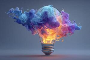 A light bulb emits a bright glow while colorful smoke swirls around it, creating an eye-catching effect. The vibrant hues of blue, purple, and orange enhance the imaginative atmosphere. photo