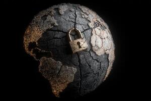 A cracked globe represents the fragile state of the Earth, while a golden padlock symbolizes security and protection. The dark background emphasizes the theme of vulnerability and caution. photo