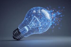 Light bulb design displays a transparent exterior filled with a blue digital light and sparkling particles. The bulb appears to emit energy in a dark setting, showcasing modern creativity. photo