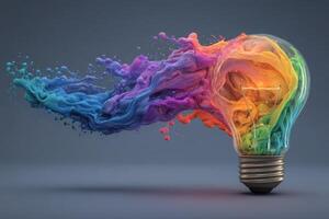 A light bulb is creatively depicted with colorful, swirling paint pouring out in vibrant shades of blue, purple, orange, and pink, producing an artistic and lively visual effect. photo