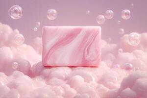 A rectangular pink marble soap is placed on a cloud-like, fluffy surface with pastel pink tones. Bubbles surround the soap, creating a whimsical and calming atmosphere. photo