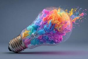 A light bulb lies on its side, shattered with vibrant splashes of pink, blue, and yellow paint bursting outward. The colorful explosion creates a striking contrast against a muted background. photo