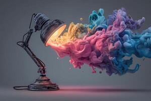 A lamp stands prominently with a warm glow, releasing vibrant, swirling smoke in shades of pink, blue, and yellow. The effect creates a mesmerizing blend of light and color in a minimalistic setting. photo