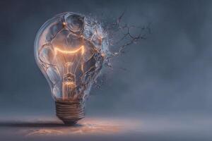 A creative depiction of a light bulb breaking apart, showcasing a glowing filament inside. Artistic effects highlight the motion and energy of the shattering, with a dramatic background. photo
