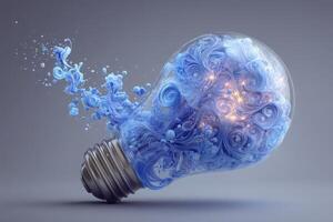 A light bulb breaks the conventional design with swirling blue patterns emerging from its glass surface. Glowing elements within create a magical atmosphere, showcasing creativity and innovation. photo