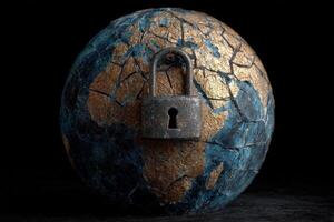 A globe depicting Africa is shown in deep blue and gold hues, cracked to symbolize fragility. A metal padlock rests prominently on the surface, representing security and confinement. photo
