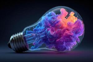 A light bulb tilted to one side showcases a mesmerizing display of colorful, swirling smoke. The hues of pink and blue blend seamlessly, embodying innovation and imagination in a striking way. photo