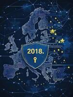 This artwork depicts a digital map of Europe, accentuated by a shield symbol representing cybersecurity in 2018. Circuit patterns and stars enhance its modern technological theme. photo