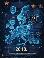 A detailed digital representation of Europe features circuitry patterns and cybersecurity icons. photo