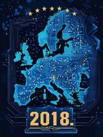 Map of Europe designed with a circuit board style, highlighting connections and networks. The year 2018 is prominently displayed at the bottom, emphasizing technological advancements. photo