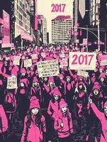 A diverse group of protesters marches in a city, wearing pink hats and holding signs advocating for social issues. The crowd displays unity and determination in 2017. photo