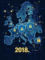 A digital representation of Europe in 2018 focuses on cybersecurity, showcasing shields with locks symbolizing protection. Lines and patterns depict interconnected networks across the continent. photo