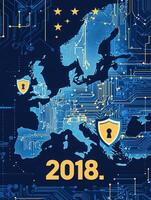 This graphic displays a map of Europe featuring circuit board designs, symbols of data security, and the year 2018. It highlights the importance of cybersecurity and data protection in Europe. photo