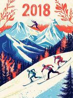 This artwork features skiers navigating slopes surrounded by vibrant mountains and trees. The design captures the essence of winter sports in a captivating, colorful style reflective of 2018. photo