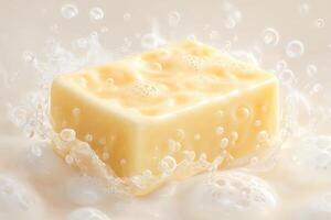 A bar of soap is splashing in clear water, with bubbles forming around it. The scene showcases the smooth texture and creamy color of the soap, conveying a sense of cleanliness and freshness. photo