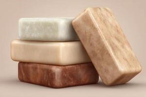 Four distinct soap bars in soft hues lie stacked on one another, showcasing elegant textures. The arrangement highlights the aesthetic appeal and craftsmanship involved in artisanal soap making. photo