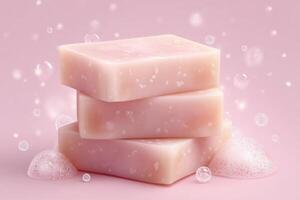 Three soft pink soap bars are arranged neatly, surrounded by light bubbles, creating a calming and clean aesthetic. The background is a gentle pink hue, enhancing the serene atmosphere. photo