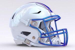 A football helmet with a glossy white finish and bright blue faceguard sits on a light background. The streamlined design features ventilation and modern details, ideal for athletes. photo
