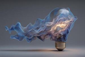 A light bulb is surrounded by a flowing fabric that appears to billow outwards, illuminated by the bulbs glow. This artistic representation emphasizes creativity and modern design. photo