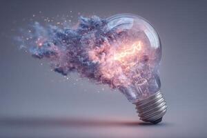 A broken light bulb emits vibrant colors and sparkles, symbolizing creative energy and imagination. The scene captures the essence of innovation in a visually striking manner. photo