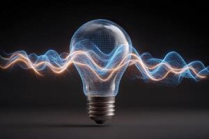 A light bulb with a transparent, wireframe design is surrounded by dynamic blue and orange digital waves. The visual represents concepts of innovation, energy efficiency, and modern technology. photo