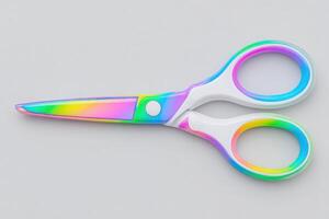 Scissors with a vibrant, multi-colored design rest on a light gray surface. The glossy finish reflects light, adding eye-catching detail to the unique crafting tool. photo