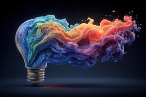 A light bulb appears surrounded by vibrant, swirling colors that resemble fluid dynamics. The colorful patterns flow and blend, creating a dynamic visual effect against a dark background. photo