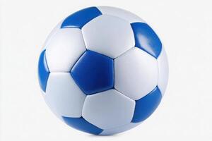The soccer ball features a traditional design with alternating blue and white panels. It is positioned on a light background, emphasizing its shape and texture, ideal for sports enthusiasts. photo